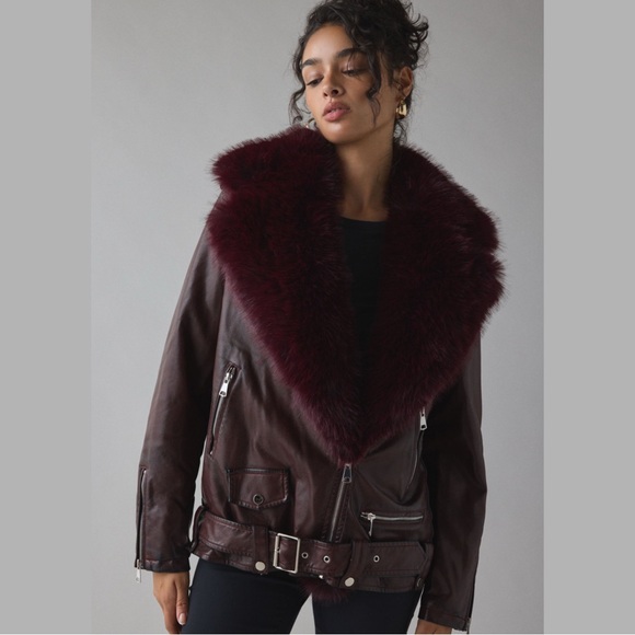 Azalea Wang Jackets & Blazers - Azalea Wang Aurelia Faux Leather Moto Jacket XL Burgundy Faux Fur Collar NWT